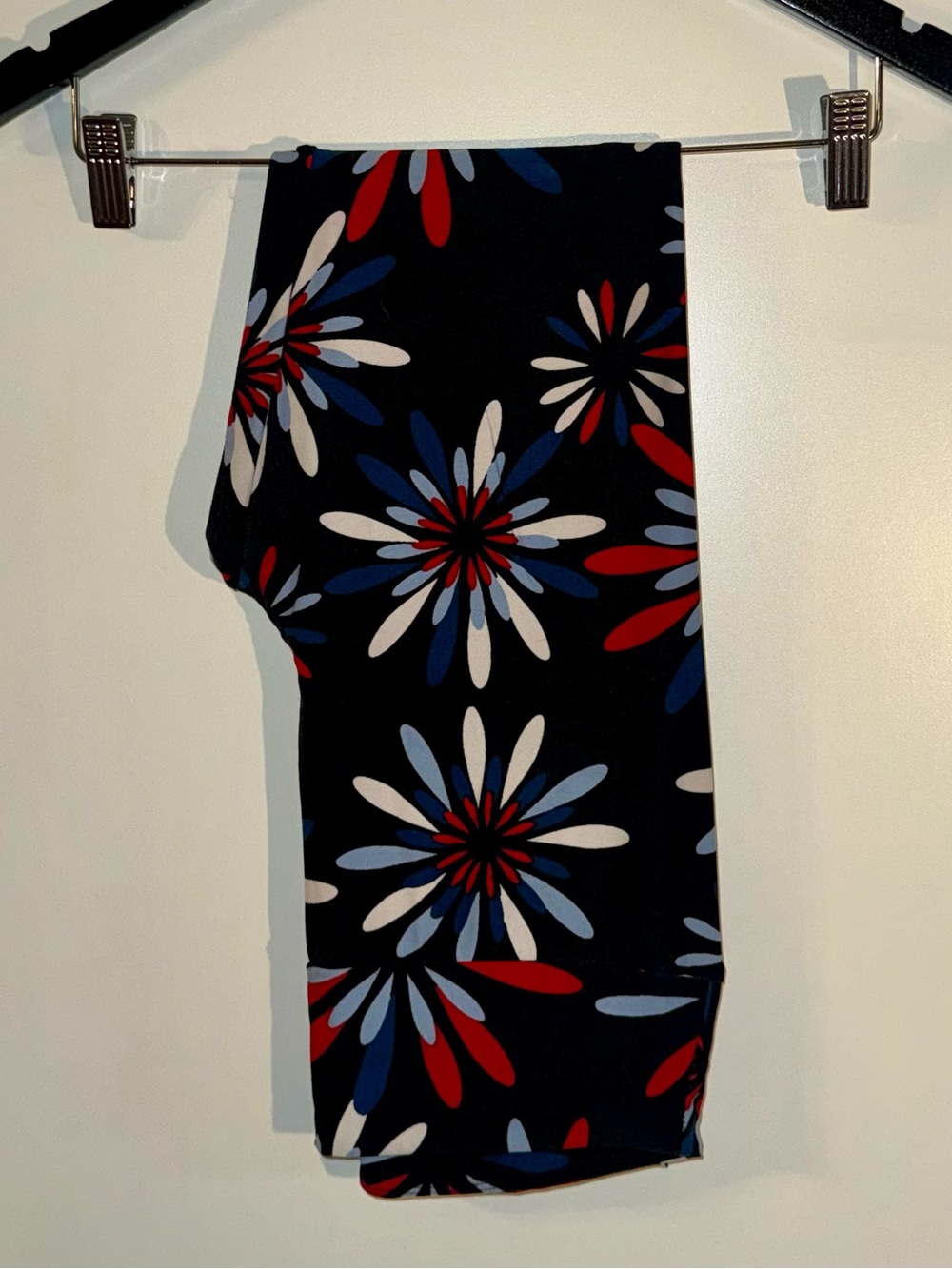 LuLaRoe Black Firework Burst Leggings with Red, Blue & White Accents